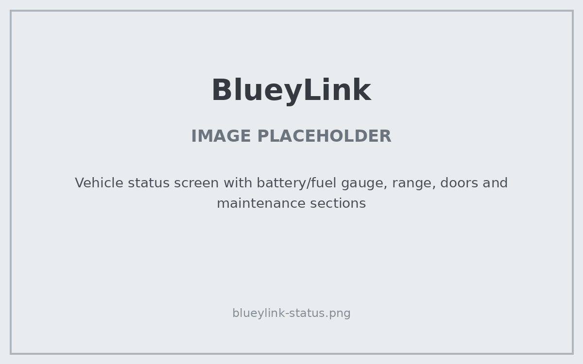 PLACEHOLDER: Vehicle status screen with battery/fuel gauge, range, doors and maintenance sections