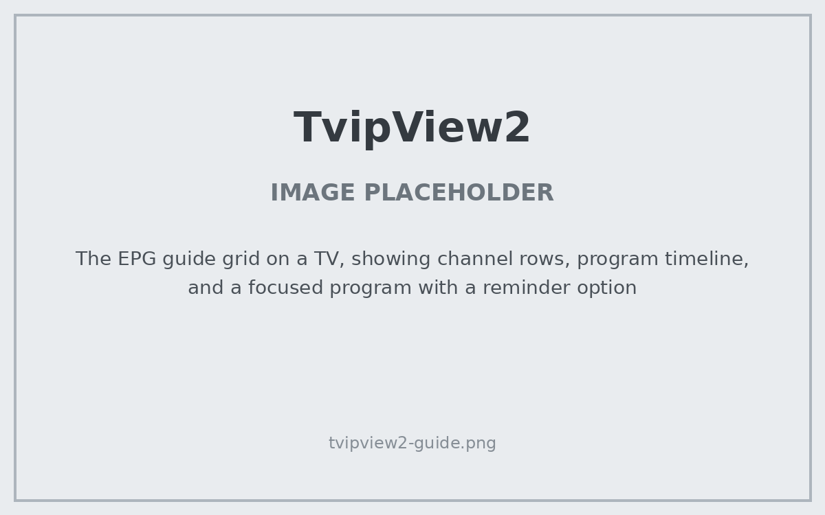 PLACEHOLDER: The EPG guide grid on a TV, showing channel rows, program timeline, and a focused program with a reminder option